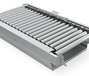 Check-weight unit with driven roller conveyor and pusher